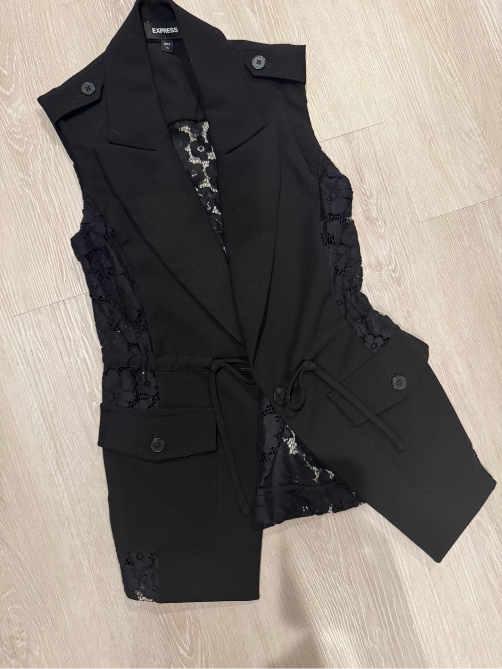 Express Black Lace-Panel Sleeveless Blazer Vest